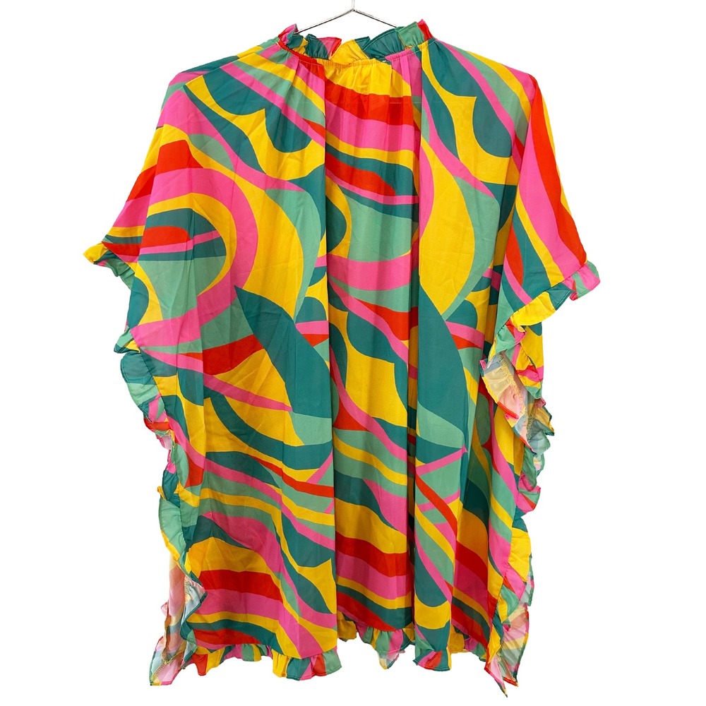 ENTRO Retro Print Ruffle Blouse NWT • Small • pink yellow green • bright funky - Picture 4 of 7